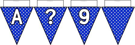 Free printable Blue Polka Dot Bunting, A-Z, ?!&, numbers 0-9 and a blank flag all in one file.  Click image to download.