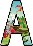 Free printable English, Castle, Knight and Dragon background instant display lettering sets for classroom display.