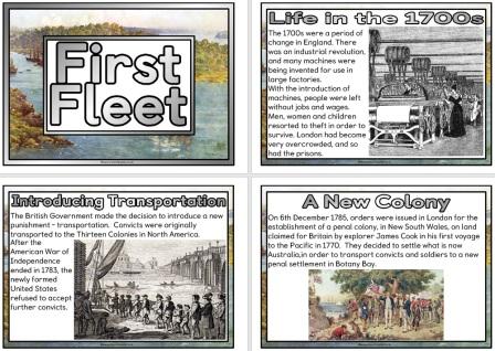 Set of posters that look at transportation, colonisation and settlement of penal colonies in Australia.  First Fleet.