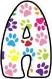 Free printable digital lettering sets with multi-coloured paw prints.  Great for classroom display.