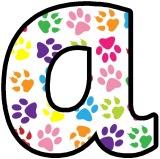 Free printable digital lettering sets with multi-coloured paw prints.  Great for classroom display.