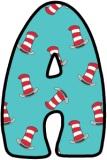 Printable Dr Seuss Lettering sets with a 'Cat in the Hat' background image.