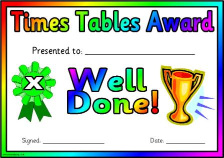 Free Printable Times Tables Award Certificates for tables from 2 to 12 plus a general certificate.