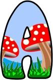 Free printable instant display digital lettering sets with a cartoon toadstool background.
