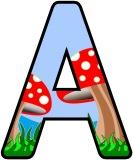 Free printable instant display digital lettering sets with a cartoon toadstool background.