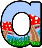 Free printable instant display digital lettering sets with a cartoon toadstool background.