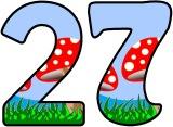 Free printable instant display digital lettering sets with a cartoon toadstool background.