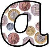 Free printable money, UK coins background instant display lettering sets for classroom bulletin board display.