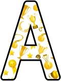 Gold awards background instant display lettering sets. Background includes images of gold stars, trophies, medals, rosettes etc.