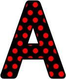 Black background with red polka dots background.  Free printable instant display digital lettering sets.