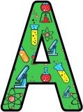 Chemistry -themed free printable instant display lettering sets.  Background includes atoms, test-tubes, microscope and bunsen burners.