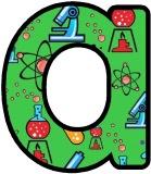 Chemistry -themed free printable instant display lettering sets.  Background includes atoms, test-tubes, microscope and bunsen burners.