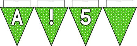 Free printable Green Polka Dot Bunting, A-Z, ?!&, numbers 0-9 and a blank flag all in one file.  Click image to download.