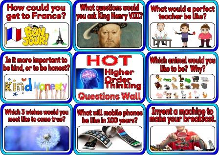 Free printable HOT, Higher Order Printing Questions Wall poster set.  20 questions which encourage children to use higher order thinking skills.