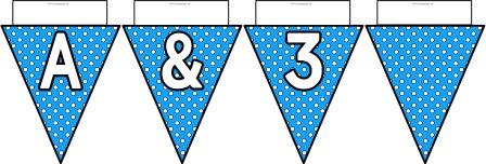 Free printable Light Blue Polka Dot Bunting, A-Z, ?!&, numbers 0-9 and a blank flag all in one file.  Click image to download.