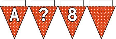 Free printable Orange Polka Dot Bunting, A-Z, ?!&, numbers 0-9 and a blank flag all in one file.  Click image to download.