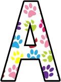 Free printable digital lettering sets with multi-coloured paw prints.  Great for classroom display.