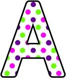Free printable pink, green and purple polka dot lettering sets for classroom display.