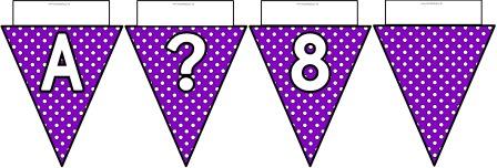 Free printable Purple Polka Dot Bunting, A-Z, ?!&, numbers 0-9 and a blank flag all in one file.  Click image to download.