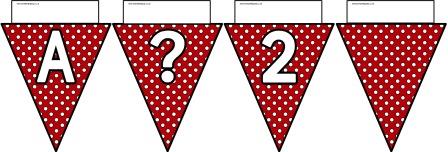 Free printable Red Polka Dot Bunting, A-Z, ?!&, numbers 0-9 and a blank flag all in one file.  Click image to download.