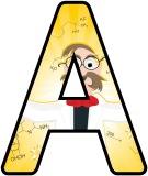 Free printable digital lettering sets with a scientist cartoon background.