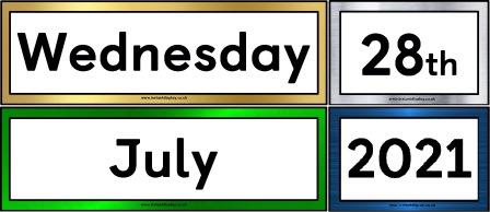Free printable 'Today's Date' set of cards.  One gold card for each day of the week.  One green metallic card for each month of the year.  Dates 1st to 31st on silver cards and years 2015 to 2024 (will be added to later) on blue metallic cards.Classroom today is..., tomorrow is... cards.