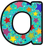 Turquoise background with multicoloured stars background letters for classroom display.
